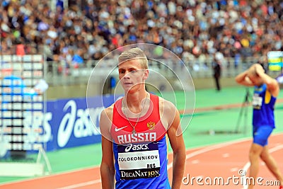 Konstantin Tolokonnikov the winner of 800 m. race on DecaNation International Outdoor Games Editorial Stock Photo