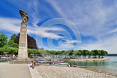 Konstanz, Germany - July 2020: Harbor at Lake Constance with monument column for German general Count Ferdinand Graf von Zeppelin Editorial Stock Photo