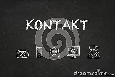 `Kontakt` text and icons on a blackboard. Translation: `Contact` Stock Photo