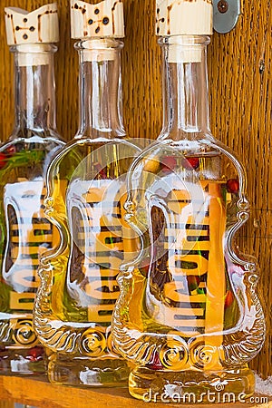 Rakia bottles at specialty market, Kopaonok, Serbia Editorial Stock Photo