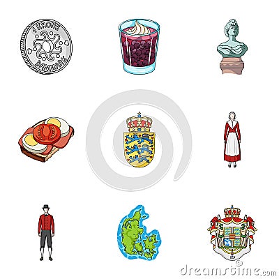 Kopeck, money, crown, and other web icon in cartoon style.Attributes,country, Denmark icons in set collection. Vector Illustration