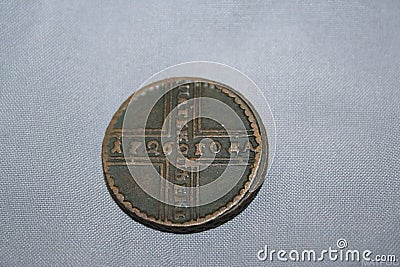 5 kopecks in 1726 were minted during the reign of Empress Catherine I on copper circles with a diameter of 30 millimeters Stock Photo