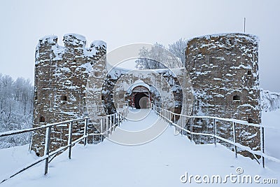 Koporye fortress in winter. monument of Russian medieval defensive architecture Stock Photo