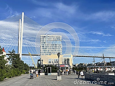 Vladivostok, Russia, August, 31, 2023. Korabelnaya embankment, Golden Bridge, Grand Hotel and SPA in Vladivostok Editorial Stock Photo