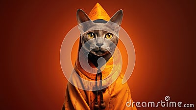 Korat Cat Dressed As A Wizard On Orange Color Background Stock Photo