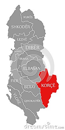 Korce red highlighted in map of Albania Vector Illustration