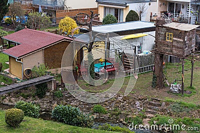 Kordel, Rhineland-Palatinate - Germany - 04 14 2019 - Evening view at dusk over the backyards, gardens and traditional houses Editorial Stock Photo