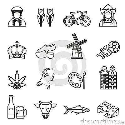 Netherlands symbols and dutch culture icons set. Line Style stock vector. Vector Illustration