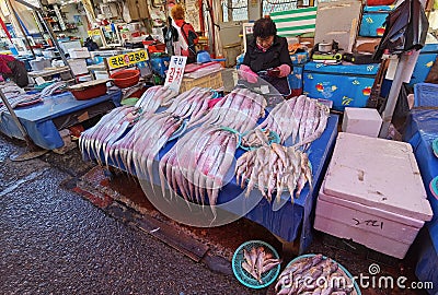 Korea Busan Nampo Port Jagalchi Seafood Market Outdoor Fresh Fish Fishmonger Hawkers Octopus Eel Squid Crab Editorial Stock Photo