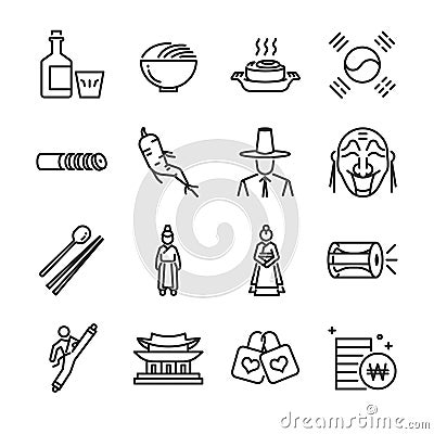 Korea icon set. Included the icons as kimchi, traditional, Korean costume, taekwondo, mask, currency and more. Vector Illustration