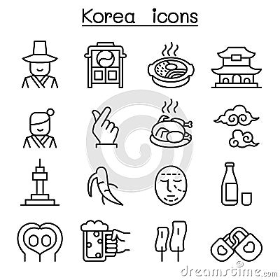 Korea icon set in thin line style Vector Illustration