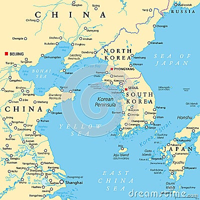 Korean Peninsula region in East Asia, Korea, political map Vector Illustration