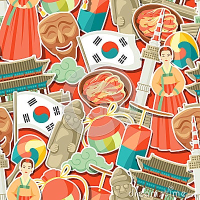 Korea seamless pattern. Korean traditional sticker symbols and objects Vector Illustration