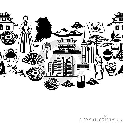 Korea seamless pattern. Korean traditional symbols and objects Vector Illustration