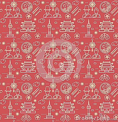 Korea Signs Seamless Pattern Background on a Red. Vector Vector Illustration