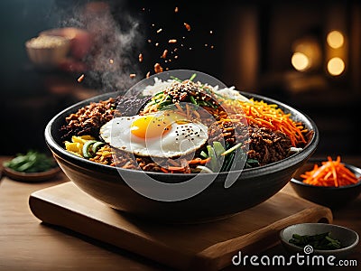 Korean bibimbap, floating, popular rice bowl dish made with cooked rice, vegetables, meat, fried egg Stock Photo