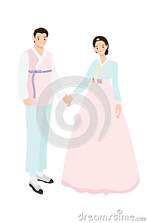 Korean couple in traditional dress for wedding or Chuseok flat style Vector Illustration