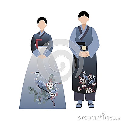 Hanbok. Korean couple wearing traditional costumes. Flat vector cartoon illustration isolated on white background Vector Illustration