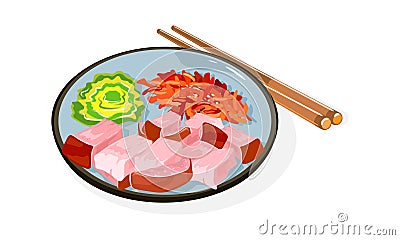 Korean cuisine dish Bossam on plate and chopsticks. Boiled in spices, thinly sliced pork with vegetables. Vector Illustration