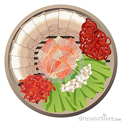 Korean cuisine plate. Bossam dish top view Vector Illustration