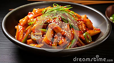 Korean dish Teokbokki - spicy rice sausages, AI generated Stock Photo