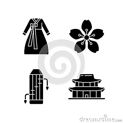 Korean ethnic symbols black glyph icons set on white space Vector Illustration