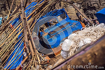 Korean fishing boats washed ashore at Tobizin Cape, Russian Island, Vlaivostok Stock Photo