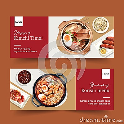 Korean food banner design with pork, pot, egg, Sundae watercolor illustration Vector Illustration