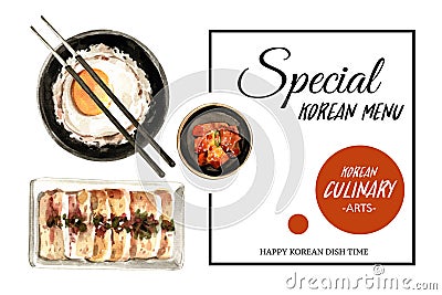 Korean food frame design with tofu, rice, fried egg watercolor illustration Cartoon Illustration