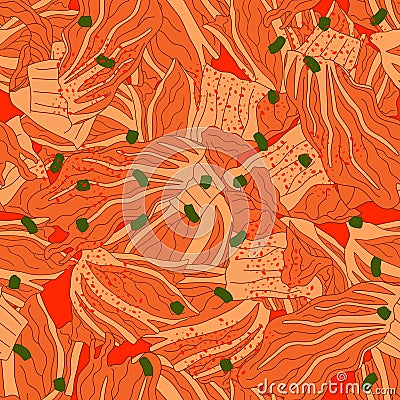 Korean food Kimchi seamless pattern background. Traditional Korean side dish of salted and fermented vegetables. Hand drawn vector Vector Illustration