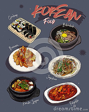 Korean food menu restaurant. Korean food sketch menu Vector Illustration