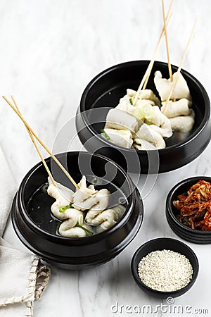 Korean Food Seafood Soup, Eomuk Guk or Odeng Guk (Fish Cake Soup Stock Photo