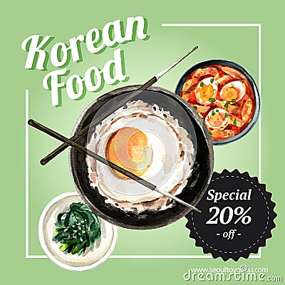 Korean food social media design with rice, fried egg, tokpokki watercolor illustration Cartoon Illustration