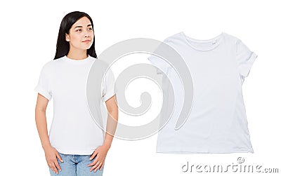 Korean girl white tshirt mock up, empty T-shirt close up, summer tshirt over white background Stock Photo