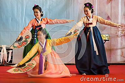 Korean girls during them performance in the Oriental Festival in Genoa, Italy Editorial Stock Photo