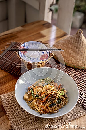 Korean Japchae Stir Fried Noodles with Mixed Vegetables Stock Photo