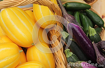 Korean Melons With Eggplants and Jalapeno Peppers Stock Photo