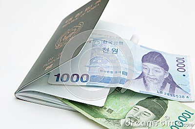 Korean money and passport : travel concept Stock Photo