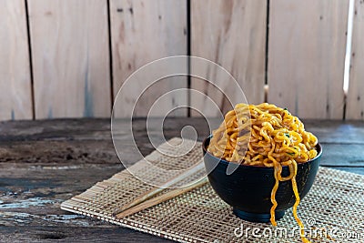 Korean noodles in black cup ready Stock Photo