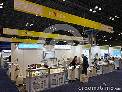 Korean pavilion with modern materials and equipment on display at the Greater NY Dental Meeting at Jacob Javits Convention Center Editorial Stock Photo