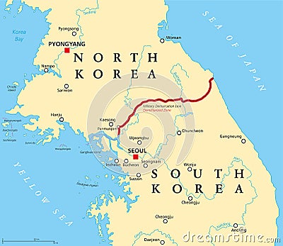 Korean peninsula, demilitarized zone, political map Vector Illustration