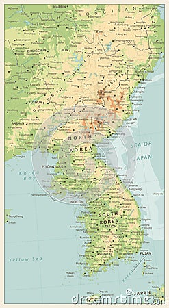 Korean Peninsula Physical Map. Retro color Vector Illustration