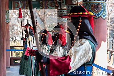 Korean royal guards in historical Joseon costumes at the Bosingak Bell Pavilion in Seoul South Korea Editorial Stock Photo