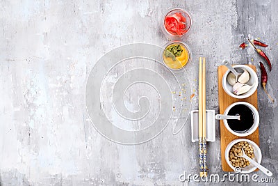 Korean spice ginger, wasabi, mustard, chili, soy sauce and garlic. Stock Photo