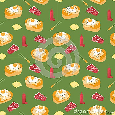 Korean street food seamless pattern. Egg bread gyeran ppang, ham, cheese, green onion, ketchup. Asian popular snack. Cute doodle Vector Illustration