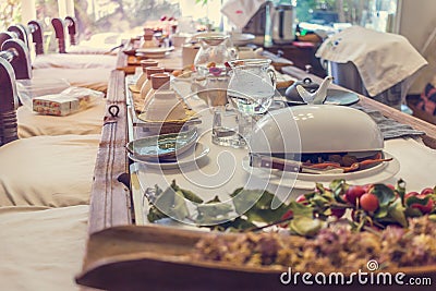 Korean tea ceremony table, vintage toning Stock Photo