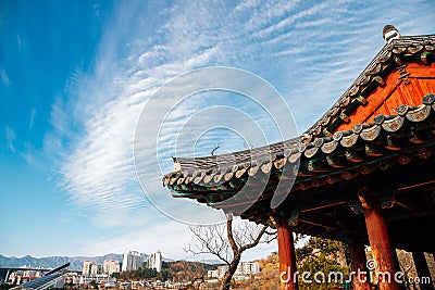 Korean traditional eaves at Jukseoru Pavilion in Samcheok, Korea Stock Photo