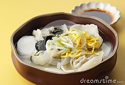 Korean traditional food Sliced Rice Cake Soup ,Tteok and dumpling soup Stock Photo