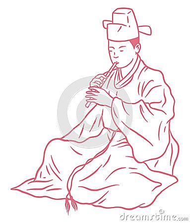 Korean traditional music - Musicians playing flute Vector Illustration