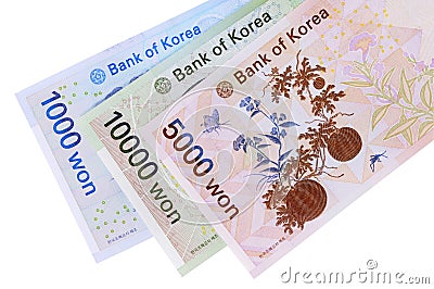 Korean Won currency bills isolated on white background Stock Photo